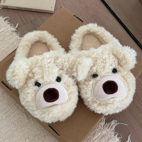 Fuzzy Teddy Bear Face Slippers