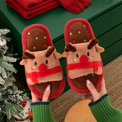 Festive Holiday Reindeer Plush Slippers