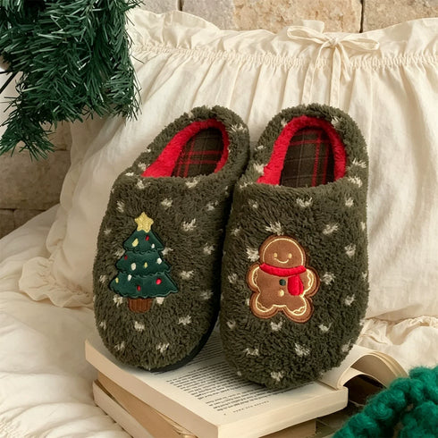 Gingerbread Tree Mismatch Fuzzy Slippers