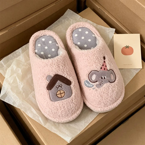 Elephant House Embroidered Plush Slippers