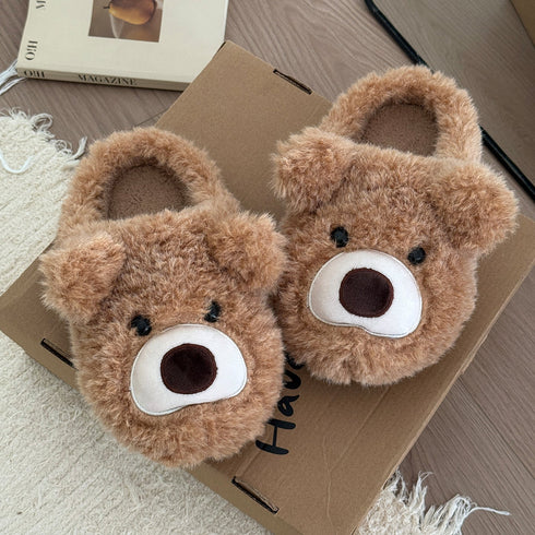 Fuzzy Teddy Bear Face Slippers