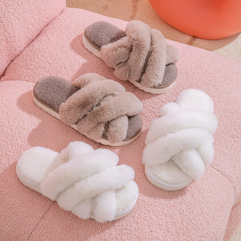Plush Crisscross Open-Toe Slippers