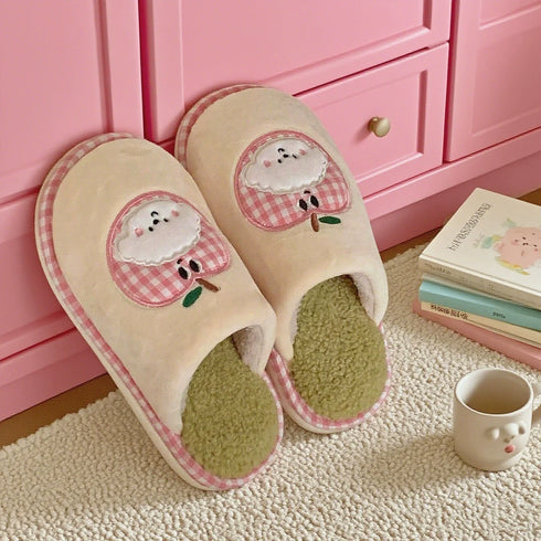 Gingham Apple Pup Plush Slippers