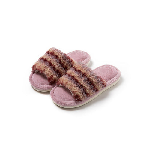 Striped Fuzzy Open-Toe Slippers