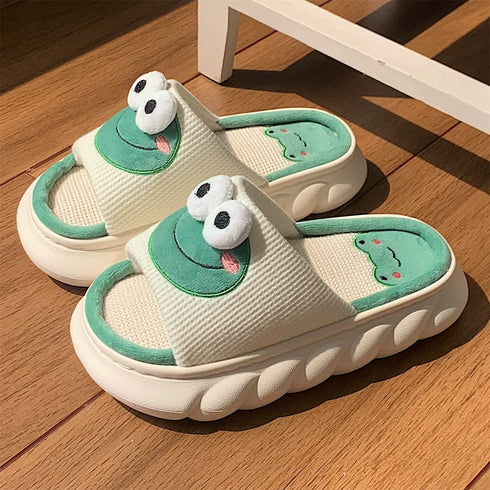 Playful Frog Face Linen Slides