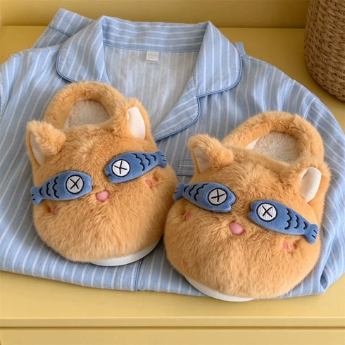 Snoozing Fish Mask Cat Slippers