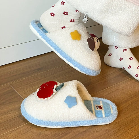 Mismatched Puppy Apple Plush Slippers