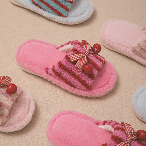Cherry Bow Stripe Plush Slippers