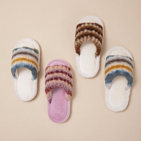 Striped Fuzzy Open-Toe Slippers