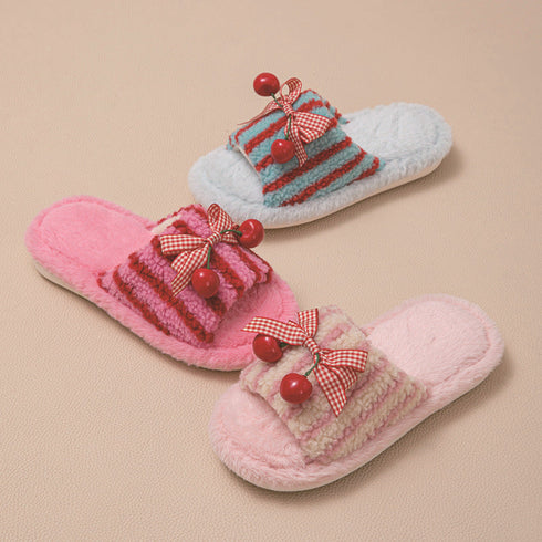 Cherry Bow Stripe Plush Slippers