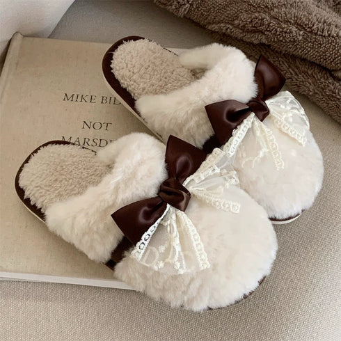 Sheer Lace Bow Plush Slippers