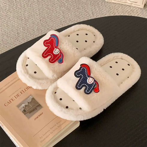 Fun Pony Patch Fuzzy Slippers