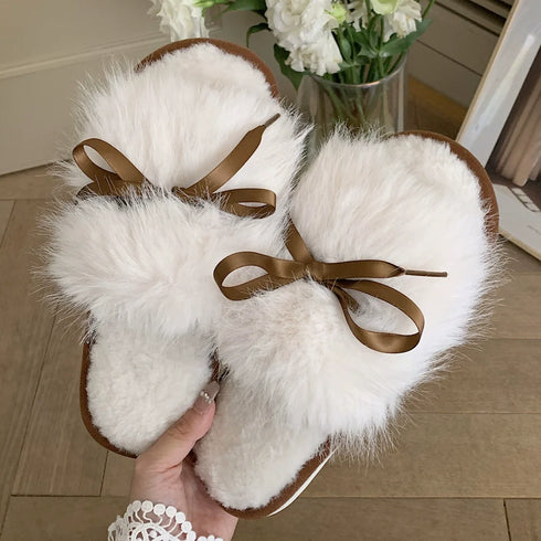 Ribbon Bow Fluffy House Slippers