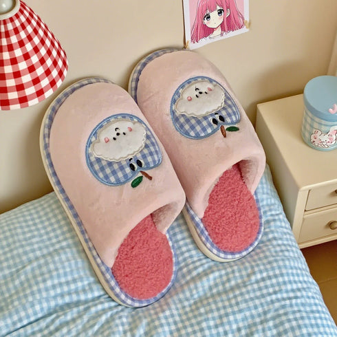 Gingham Apple Pup Plush Slippers