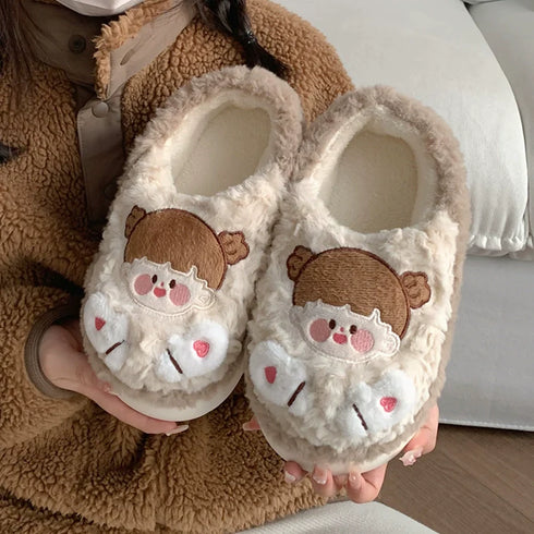Playful Cartoon Couple Plush Slippers