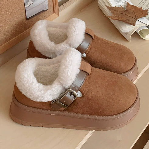 Buckle Strap Plush Clog Slippers