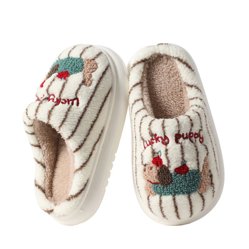 Embroidered Striped Puppy Plush Slippers