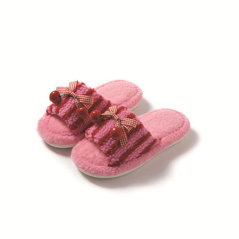 Cherry Bow Stripe Plush Slippers