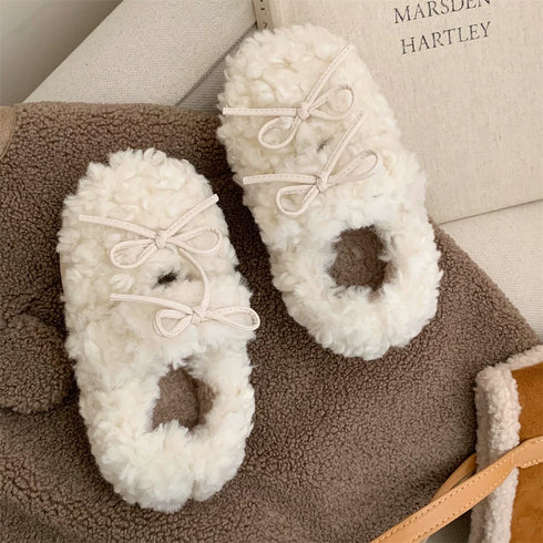 Bow-Tie Plush Platform Slippers