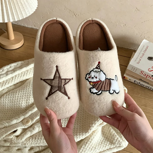 Embroidered Star Puppy Fleece Slippers