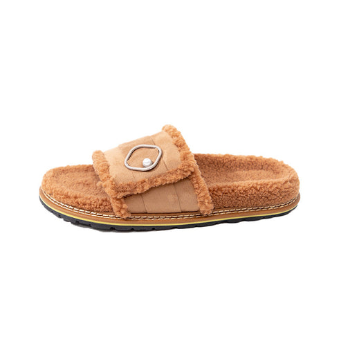 Pearl Buckle Fuzzy Warm Slides