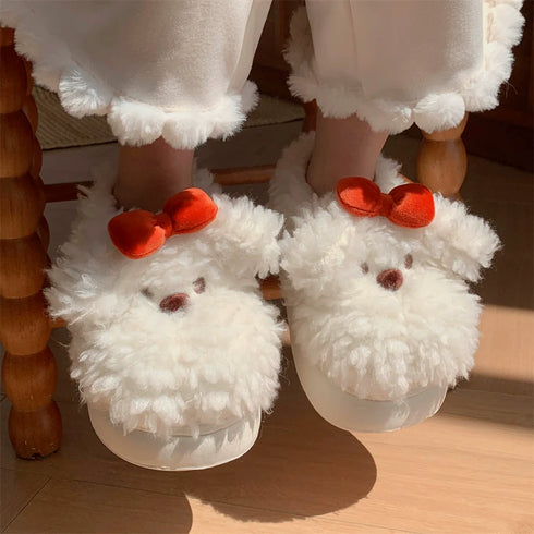 Plush Puppy Bow Home Slippers