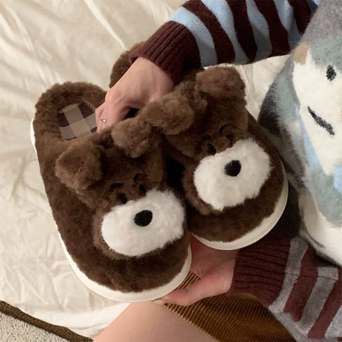 Patch Nose Fuzzy Puppy Face Plush Slippers