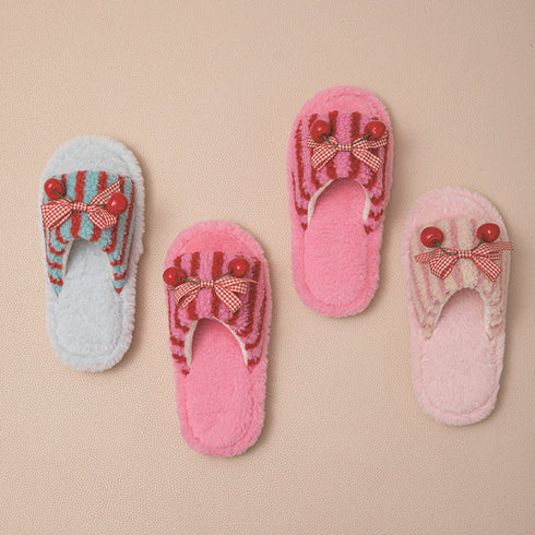 Cherry Bow Stripe Plush Slippers