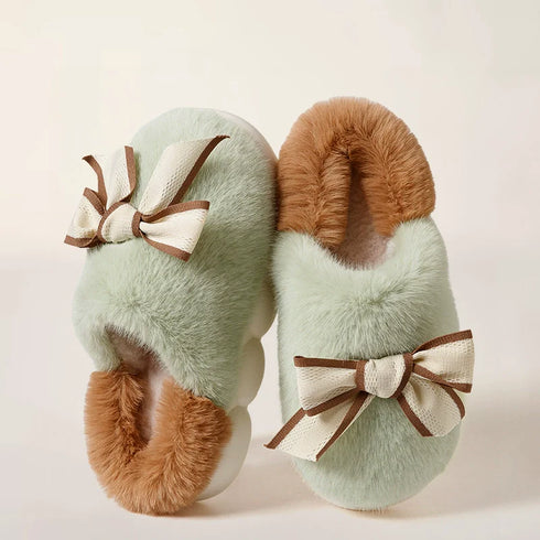 Ribbon Bowknot Fuzzy Platform Slippers