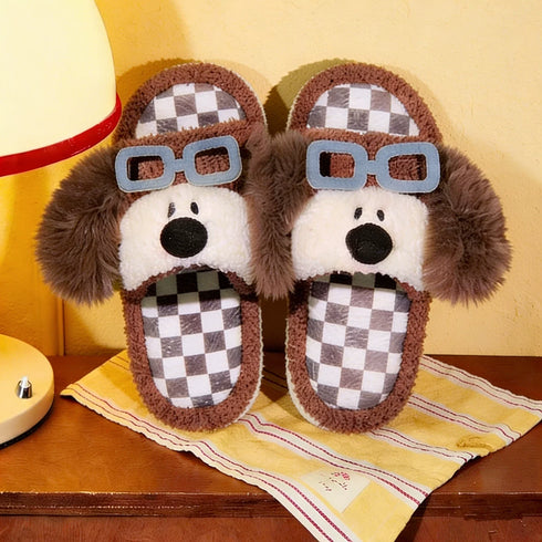 Puppy Glasses Checkered Plush Slippers