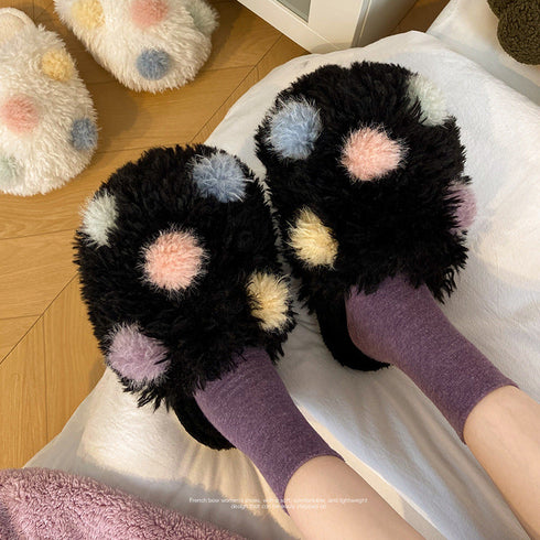 Fuzzy Pom Pom Dot Slippers