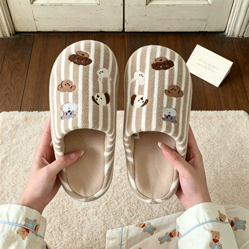 Striped Puppy Embroidered House Slippers