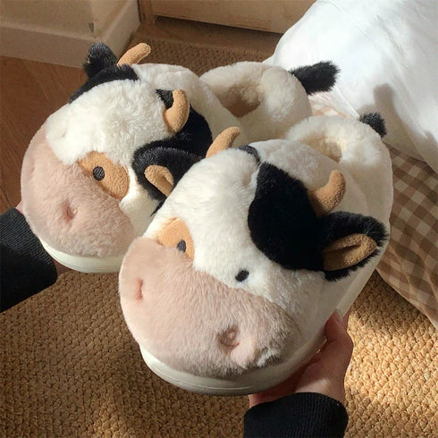 Fuzzy Farm Cow Plush Slippers