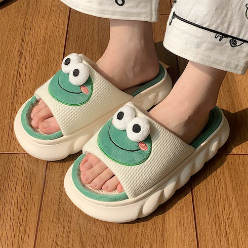 Playful Frog Face Linen Slides