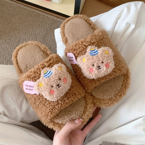 Fuzzy Bear Patch Home Slippers