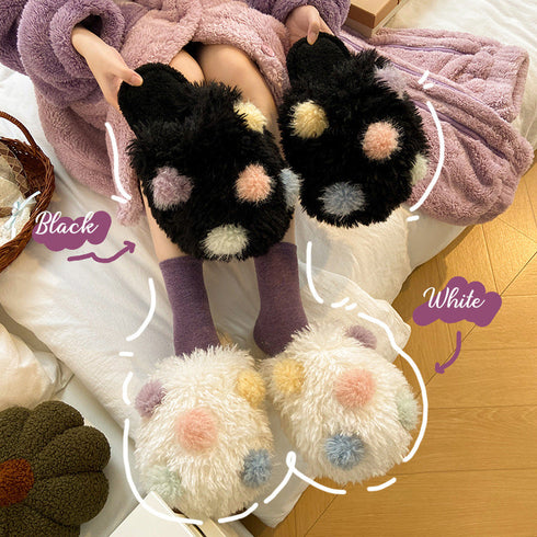 Fuzzy Pom Pom Dot Slippers