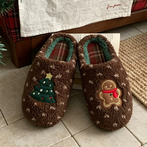 Gingerbread Tree Mismatch Fuzzy Slippers