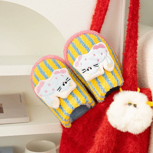 Whimsical Kitty Striped Plush Slippers