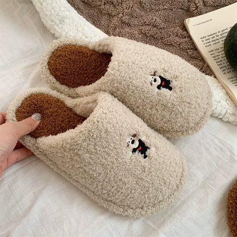 Whimsical Puppy Embroidered Fuzzy Slippers