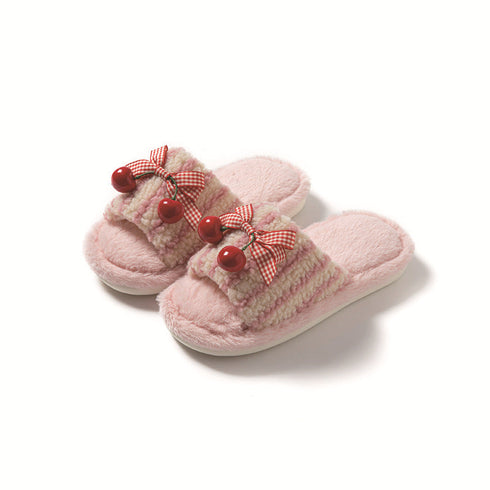 Cherry Bow Stripe Plush Slippers