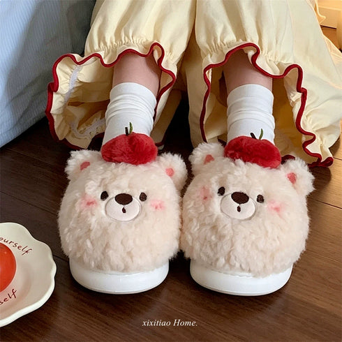 Apple Bear Plush House Slippers
