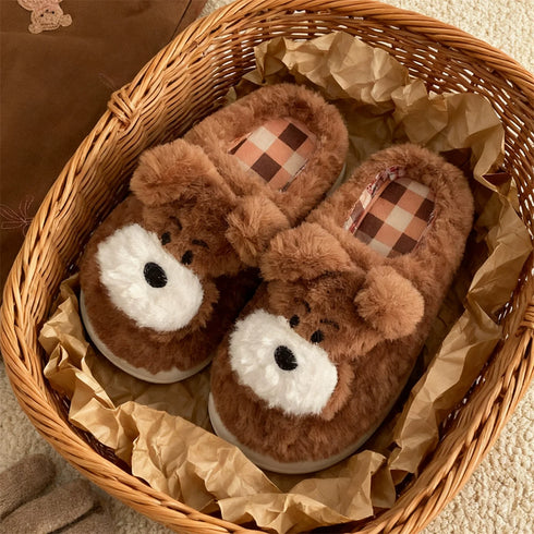 Patch Nose Fuzzy Puppy Face Plush Slippers