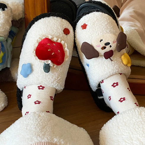 Mismatched Puppy Apple Plush Slippers