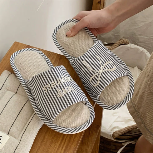 Striped Bow Linen Home Slides