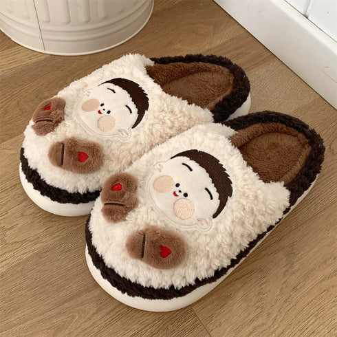 Playful Cartoon Couple Plush Slippers