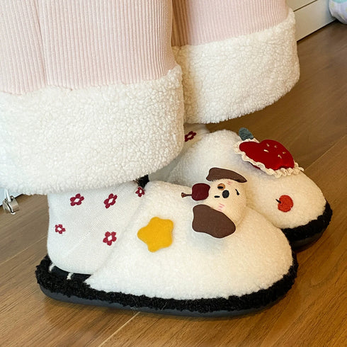 Mismatched Puppy Apple Plush Slippers