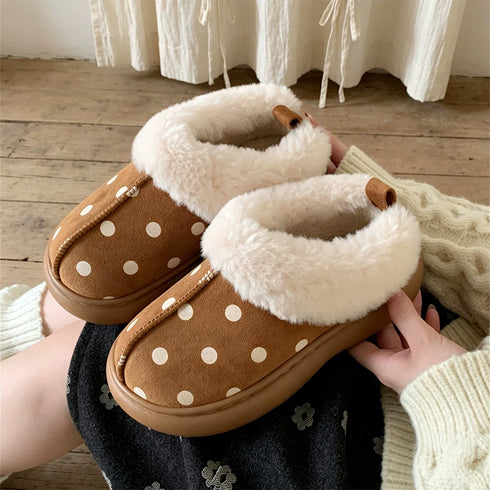 Polka Dot Fuzzy Platform Slippers