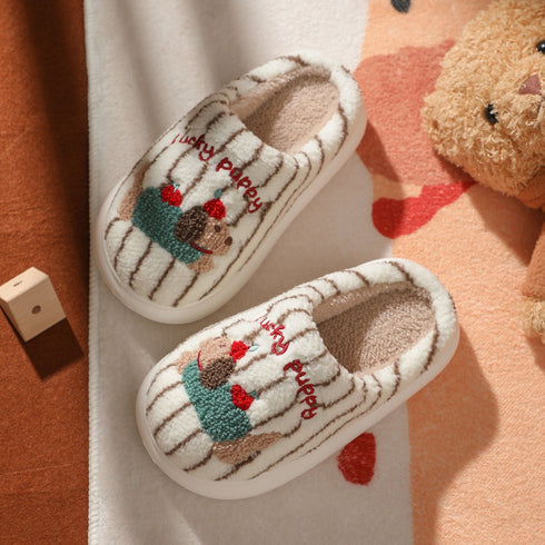 Embroidered Striped Puppy Plush Slippers