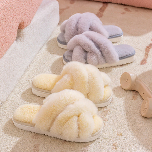 Plush Crisscross Open-Toe Slippers