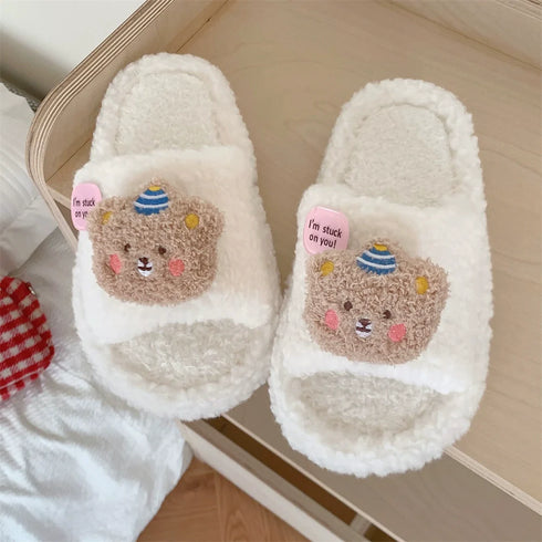 Fuzzy Bear Patch Home Slippers